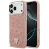Różowe etui na telefon z teksturą przypominającą brokat, posiada trójkątne logo z napisem "GUESS U.S.A" oraz otwory na aparat i przyciski. Etui jest przeznaczone do modelu iPhone 17 Pro Max i obsługuje technologię MagSafe.