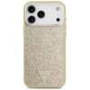 Złote etui na telefon z brokatowym wykończeniem, posiadające trójkątne logo z napisem "GUESS U.S.A." na dole. W górnej części widoczne są trzy obiektywy aparatu oraz lampa błyskowa.