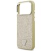 Złote etui na telefon z brokatowym wykończeniem i metaliczną ramką wokół otworu na aparat, posiada trójkątne logo z napisem "GUESS U.S.A". Na boku etui znajdują się dwa przyciski.