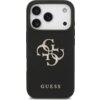 Czarne etui na telefon z widocznym logo "GUESS" w dolnej części oraz ozdobnym wzorem z liter "G" i "C" na środku. Etui ma wycięcia na trzy obiektywy aparatu, lampę błyskową i dodatkowy czujnik.