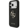 Czarne etui na telefon z teksturą, ozdobione metalowym logo składającym się z liter "G" i "C", poniżej widoczny jest napis "GUESS". Etui posiada wycięcia na trzy obiektywy aparatu oraz przyciski boczne.