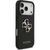 Czarne etui na telefon z teksturą, ozdobione metalowym logo składającym się z liter "G" oraz napisem "GUESS" u dołu. W górnej części widoczne są wycięcia na trzy obiektywy aparatu i lampę błyskową.