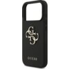 Czarne etui na telefon z teksturą, ozdobione metalowym logo składającym się z liter "G" i "C", poniżej widoczny jest napis "GUESS". Etui ma wycięcie na aparat oraz przyciski boczne.