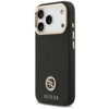 Czarne etui na telefon z teksturą, ozdobione okrągłym logo z literami "G" i "S" oraz napisem "GUESS" na dole. Etui posiada wycięcia na trzy obiektywy aparatu i przyciski boczne.