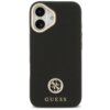 Czarne etui na telefon z teksturą, ozdobione okrągłym logo z literami i napisem "GUESS" w dolnej części. W górnym rogu widoczne są wycięcia na dwa obiektywy aparatu i lampę błyskową.