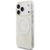 Przezroczyste etui na telefon z delikatnym, kwiatowym wzorem i okrągłym miejscem na MagSafe, na którym widnieje napis "GUESS EST. 1981". Etui posiada wycięcia na aparat i przyciski boczne.