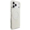 Przezroczyste etui na telefon z delikatnym kwiatowym wzorem i okrągłym elementem MagSafe, na którym widnieje napis "GUESS EST 1981". Etui jest dopasowane do modelu telefonu z trzema widocznymi obiektywami aparatu.