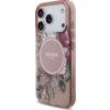 Przezroczyste etui na telefon z różowym akcentem, ozdobione motywem kwiatowym i okrągłym logo "GUESS EST. 1981". Etui posiada wycięcia na aparat i przyciski boczne.