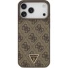 Brązowe etui na telefon z wzorem w ciemne, stylizowane litery, posiada trójkątne logo z napisem "GUESS U.S.A." oraz symbolem zapytania. Etui jest przeznaczone do modelu iPhone 17 Pro Max i ma wycięcia na aparat oraz inne elementy telefonu.