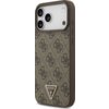 Brązowe etui na telefon z wzorem 4G i trójkątnym emblematem z napisem "GUESS U.S.A" oraz symbolem zapytania. Etui posiada wycięcia na aparat i przyciski boczne.