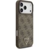 Przedstawione jest brązowe etui na telefon z wzorem 4G i trójkątnym logo "GUESS U.S.A" z napisem "?" na dole. Etui posiada wycięcia na aparat i przyciski, a jego powierzchnia jest ozdobiona symetrycznym wzorem.