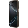 Brązowe etui na telefon z widocznymi przyciskami bocznymi, dopasowane do modelu iPhone. Na ekranie telefonu wyświetlany jest abstrakcyjny wzór z ciemnymi i jasnymi okręgami.