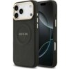 Czarne etui na telefon z wytłoczonym wzorem i napisem "GUESS" na środku, obok widoczny jest telefon z wyświetlaczem. Etui posiada wycięcia na aparat i przyciski, a jego powierzchnia ma teksturę z delikatnym wzorem.