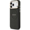 Czarne etui na telefon z wytłoczonym wzorem i napisem "GUESS" na środku, przeznaczone dla modelu Apple iPhone 17 Pro Max, z wycięciami na aparat i przyciski. Etui posiada złote akcenty wokół aparatu i przycisków.