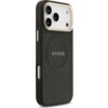 Czarne etui na telefon z wytłoczonym wzorem i napisem "GUESS" na środku, posiada wycięcia na aparat i przyciski. Etui jest kompatybilne z technologią MagSafe.