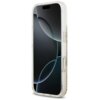 Przezroczyste etui z brokatowym wykończeniem, zaprojektowane dla telefonu Apple iPhone 17 Pro, z widocznymi przyciskami bocznymi. Na ekranie telefonu widoczny jest abstrakcyjny wzór z ciemnymi i jasnymi okręgami.