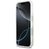 Przezroczysto-różowe etui na telefon z widocznymi elementami ozdobnymi, przeznaczone do modelu Apple iPhone 17 Pro. Na ekranie telefonu widoczny jest abstrakcyjny wzór z ciemnym tłem i jasnymi, zakrzywionymi liniami.