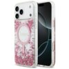 Przezroczyste etui na telefon z różowymi elementami ozdobnymi i okrągłym wzorem na środku, w którym znajduje się napis "GUESS". Etui jest przeznaczone do modelu Apple iPhone 17 Pro Max i posiada funkcję MagSafe.