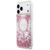 Przezroczyste etui na telefon z różowymi, błyszczącymi elementami i okrągłym wzorem na środku, z napisem "GUESS". Etui jest przeznaczone do modelu Apple iPhone 17 Pro Max i posiada funkcję MagSafe.