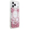 Przezroczyste etui na telefon z różowymi, błyszczącymi elementami i okrągłym wzorem na środku, z napisem "GUESS". Etui jest przeznaczone do modelu Apple iPhone 17 Pro Max i posiada funkcję MagSafe.