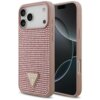 Różowe etui na telefon ozdobione jest błyszczącymi kamieniami i posiada trójkątne logo z napisem "GUESS U.S.A". Etui jest przeznaczone do modelu Apple iPhone 17 Pro Max.