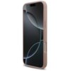 Różowe etui na telefon z widocznymi przyciskami bocznymi, dopasowane do modelu iPhone 17 Pro Max. Na ekranie telefonu wyświetlany jest abstrakcyjny wzór z ciemnymi i jasnymi okręgami.