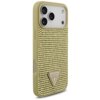 Złote etui na telefon ozdobione jest licznymi błyszczącymi kamieniami, z trójkątnym logo "GUESS" umieszczonym w dolnej części. Etui posiada wycięcia na aparat i przyciski boczne.