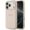 Różowe etui na telefon z trzema wycięciami na aparaty, ozdobione teksturą saffiano i wytłoczonym logo "GUESS". Etui jest kompatybilne z technologią MagSafe i przeznaczone do modelu Apple iPhone 17 Pro.