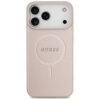 Różowe etui na telefon z teksturą saffiano, z wycięciem na aparat i napisem "GUESS" w centralnej części. Etui jest przeznaczone do modelu Apple iPhone 17 Pro Max i posiada oznaczenie MagSafe.