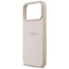 Różowe etui na telefon z fakturą saffiano, z wycięciem na aparat i wytłoczonym logo "GUESS" na środku. Etui posiada okrągłe oznaczenie MagSafe i boczne przyciski.
