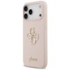 Różowe etui na telefon z trzema wycięciami na aparaty, ozdobione złotym logo "4G" oraz napisem "Guess" na dole. Etui ma gładką powierzchnię i zaokrąglone krawędzie.