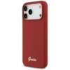Czerwone etui na telefon z trzema wycięciami na aparaty i napisem "Guess" w dolnej części. Etui ma gładką powierzchnię i widoczne przyciski boczne.