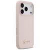 Różowe etui na telefon z trzema wycięciami na aparaty i złotym napisem "Guess" na dole. Etui ma gładką powierzchnię i jest przeznaczone do iPhone 17 Pro.