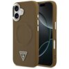 Brązowe etui na telefon z widocznym logo "GUESS U.S.A." w kształcie trójkąta oraz napisem "GUESS" powtarzającym się wokół okręgu. Etui jest dopasowane do telefonu z dwoma aparatami i przyciskami bocznymi.