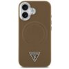 Brązowe etui na telefon z wycięciem na aparat, ozdobione wytłoczonymi napisami "GUESS" oraz trójkątnym logo z napisem "GUESS U.S.A." i znakiem zapytania.
