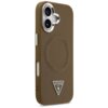 Brązowe etui na telefon z wycięciem na aparat, ozdobione trójkątnym logo z napisem "GUESS U.S.A." oraz wytłoczonymi napisami "GUESS" wokół okręgu na środku. Etui posiada metaliczne wykończenia wokół przycisków i aparatu.
