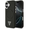 Czarne etui na telefon z widocznym logo "GUESS U.S.A" w kształcie trójkąta oraz okrągłym wzorem z napisem "GUESS" wokół. Etui jest przystosowane do systemu MagSafe i posiada wycięcia na aparat oraz przyciski boczne.