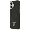 Czarne etui na telefon z widocznym logo "GUESS U.S.A" w kształcie trójkąta oraz wytłoczonym napisem "GUESS" wokół okręgu. Etui posiada wycięcia na aparat i przyciski boczne.