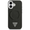 Czarne etui na telefon z wycięciem na aparat, ozdobione wytłoczonym napisem "GUESS" wokół okręgu oraz trójkątnym logo z napisem "GUESS U.S.A." i znakiem zapytania na dole. Etui jest przeznaczone do telefonu Apple iPhone 17 i posiada funkcję MagSafe.