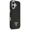 Czarne etui na telefon z wycięciem na aparat, ozdobione trójkątnym logo z napisem "GUESS U.S.A." i znakiem zapytania. Na powierzchni etui widoczny jest okrągły wzór z napisem "GUESS" powtarzającym się kilkukrotnie.