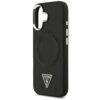 Czarne etui na telefon z wycięciem na aparat, ozdobione trójkątnym logo z napisem "GUESS U.S.A" oraz wytłoczonymi napisami "GUESS" wokół okręgu na środku. Po boku znajdują się trzy przyciski.
