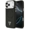 Czarne etui na telefon z widocznym logo "GUESS U.S.A." w kształcie trójkąta oraz napisem "GUESS" powtarzającym się wokół okrągłego wycięcia. Etui jest przystosowane do systemu MagSafe i przeznaczone dla modelu Apple iPhone 17 Pro.