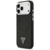 Czarne etui na telefon z trzema wycięciami na aparaty, posiada wytłoczone logo "GUESS U.S.A." w kształcie trójkąta oraz okrągły wzór na środku. Na boku etui znajdują się trzy przyciski.