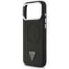Czarne etui na telefon z wycięciem na aparat, ozdobione trójkątnym logo z napisem "GUESS U.S.A" oraz wytłoczonymi napisami "GUESS" wokół okręgu. Na boku etui znajdują się dwa białe przyciski.