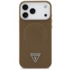 Brązowe etui na telefon z trzema wycięciami na aparaty i okrągłym wzorem z napisem "GUESS" wokół niego. Na dole znajduje się trójkątne logo z napisem "GUESS U.S.A." i znakiem zapytania.