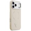 Beżowe etui na telefon z trzema wycięciami na aparaty, ozdobione trójkątnym logo z napisem "GUESS USA" oraz wytłoczonymi napisami "GUESS" wokół okręgu. Etui posiada wycięcia na przyciski i porty.