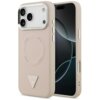 Różowe etui na telefon z trzema wycięciami na aparaty, ozdobione trójkątnym logo z napisem "GUESS U.S.A" oraz wytłoczonymi napisami "GUESS" wokół okręgu. Obok etui widoczny jest telefon z wyświetlaczem pokazującym abstrakcyjny wzór.