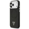 Czarne etui na telefon z trzema wycięciami na aparaty, posiada wytłoczone logo "GUESS U.S.A." w kształcie trójkąta oraz okrągły wzór z napisem "GUESS" wokół niego. Na boku etui znajdują się dwa srebrne przyciski.