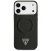 Czarne etui na telefon z trzema wycięciami na aparaty, posiada wytłoczone logo "GUESS" oraz trójkątne logo z napisem "GUESS U.S.A." i znakiem zapytania. W centralnej części znajduje się okrągłe wytłoczenie kompatybilne z MagSafe.