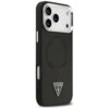 Czarne etui na telefon z trzema wycięciami na aparaty, posiada logo "GUESS U.S.A." w kształcie trójkąta na dole oraz okrągłe wytłoczenie z napisem "GUESS" wokół środka.